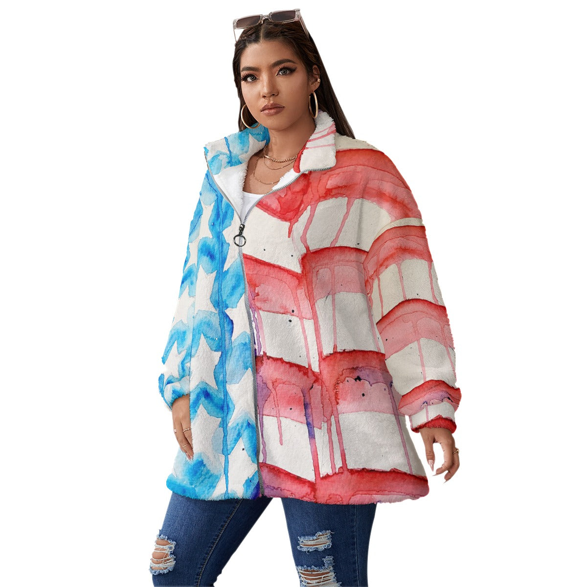 Old Glory All-Over Print Unisex Borg Fleece Stand-up Collar Coat With Zipper Closure(Plus Size)