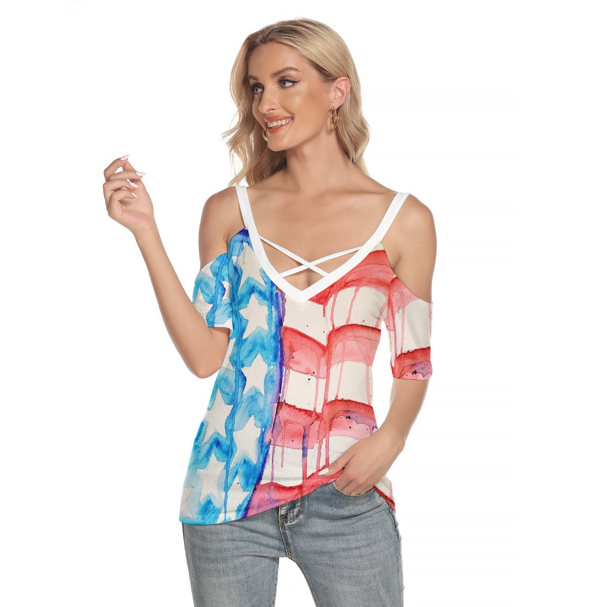 Old Glory All-Over Print Women's Cold Shoulder T-shirt With Criss Cross Strips