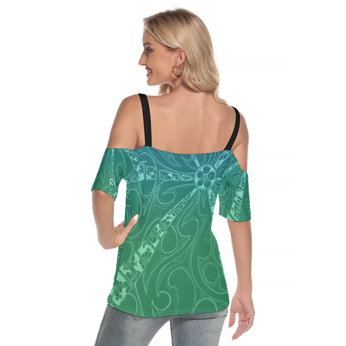 Flowers Cold Shoulder T-shirt With Criss Cross Strips