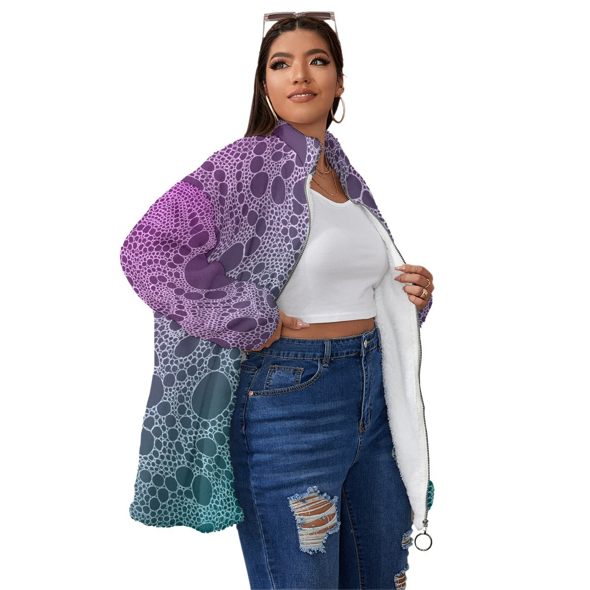 Lost in Circles Borg Fleece Stand-up Collar Coat With Zipper Closure(Plus Size)