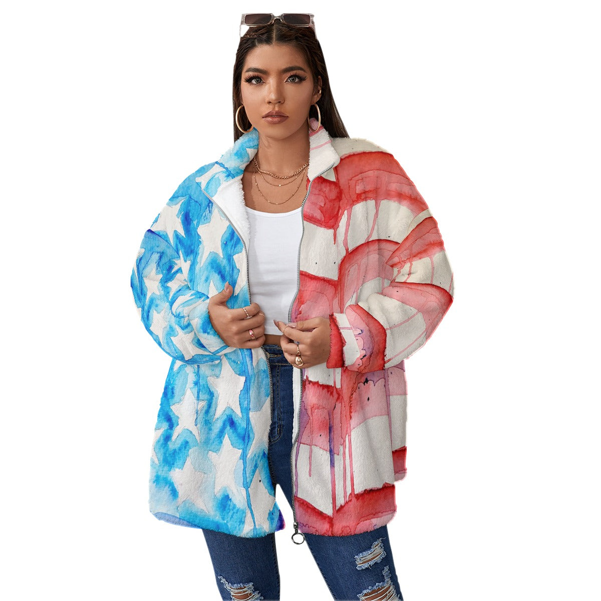 Old Glory All-Over Print Unisex Borg Fleece Stand-up Collar Coat With Zipper Closure(Plus Size)