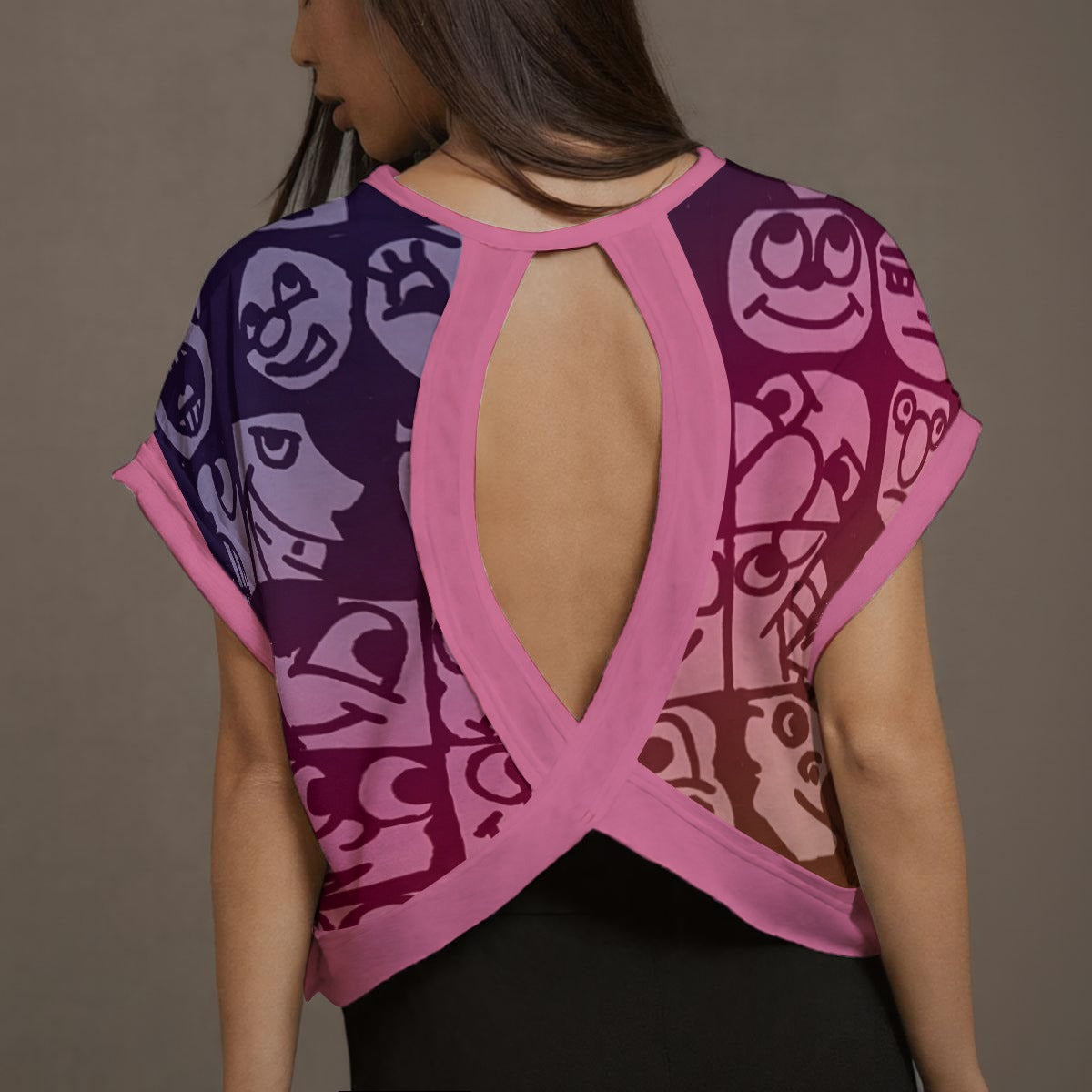 Raspberry Faces All-Over Print Women's Open-Back Crossover Workout Tee