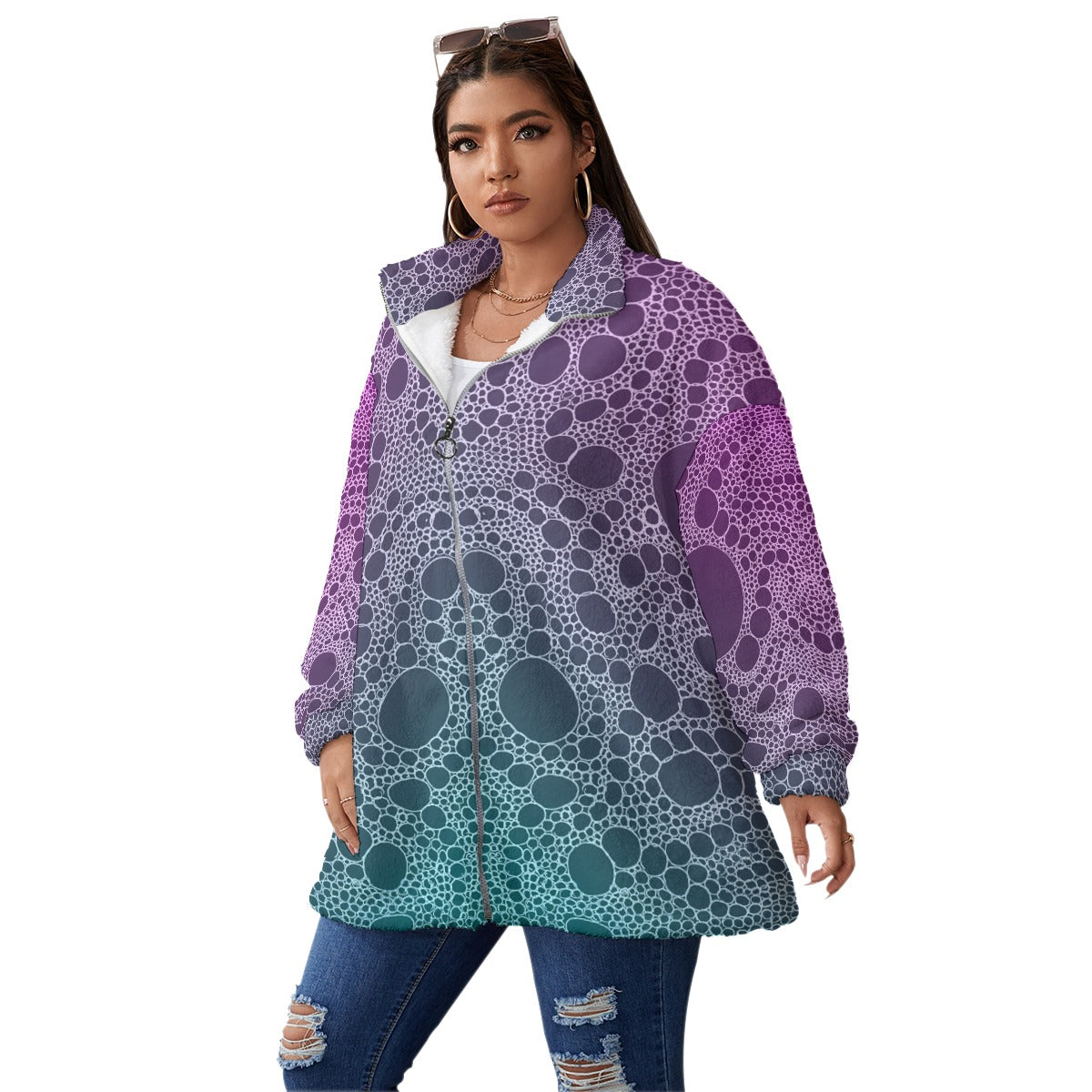 Lost in Circles Borg Fleece Stand-up Collar Coat With Zipper Closure(Plus Size)