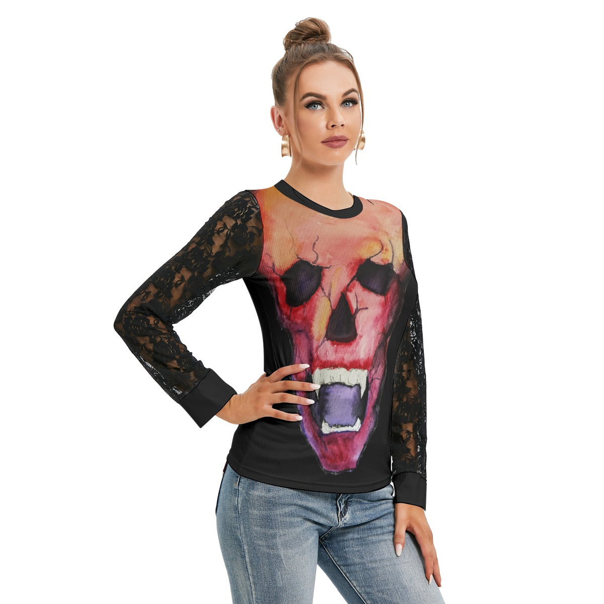 Blood Skull All-Over Print Women's T-shirt And Sleeve With Black Lace