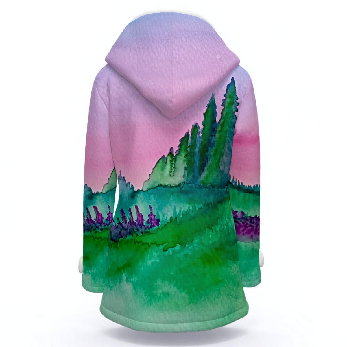 Tranquility All-Over Print Women's Hooded Double-Breasted Winter Coat With Fleece