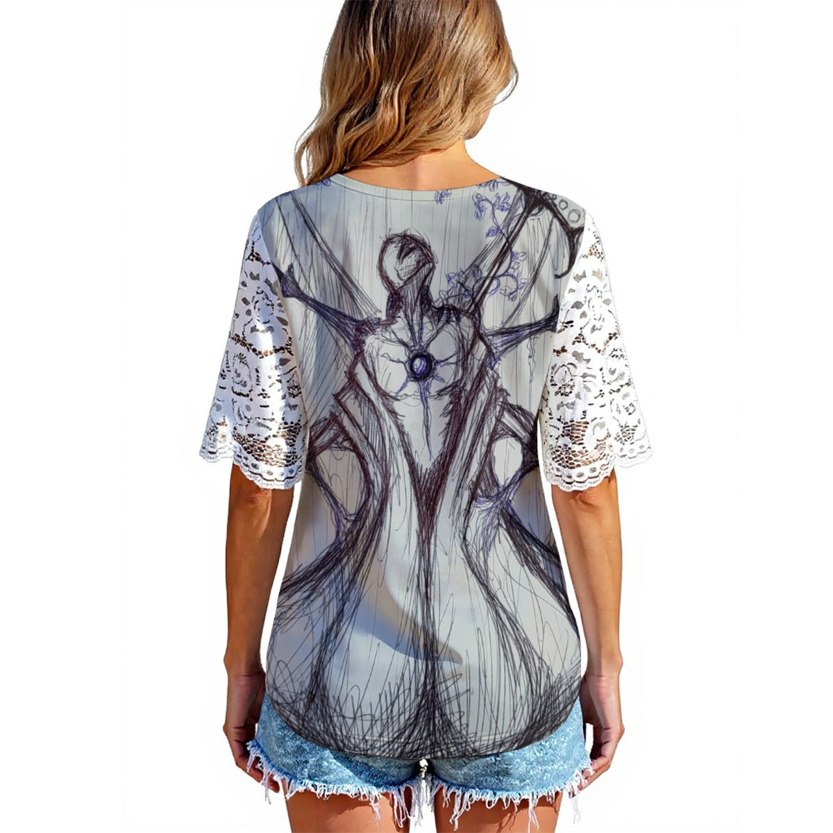 Last Embrace All-Over Print Women's Lace Sleeve Shirt