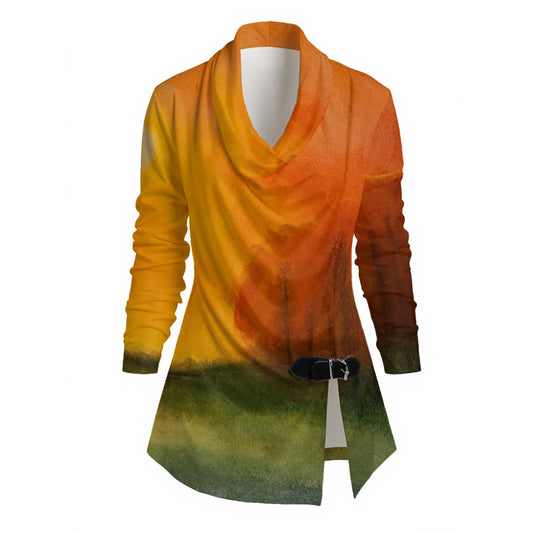 Autumn's Heart All-Over Print Women's Draped Long Sleeve Top