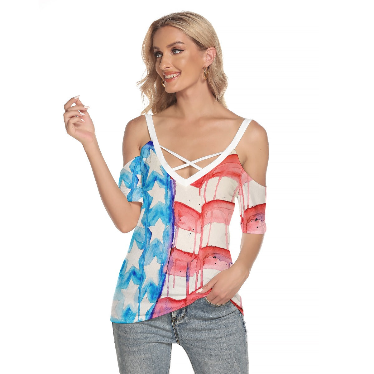 Old Glory Cold Shoulder T-shirt With Criss Cross Strips