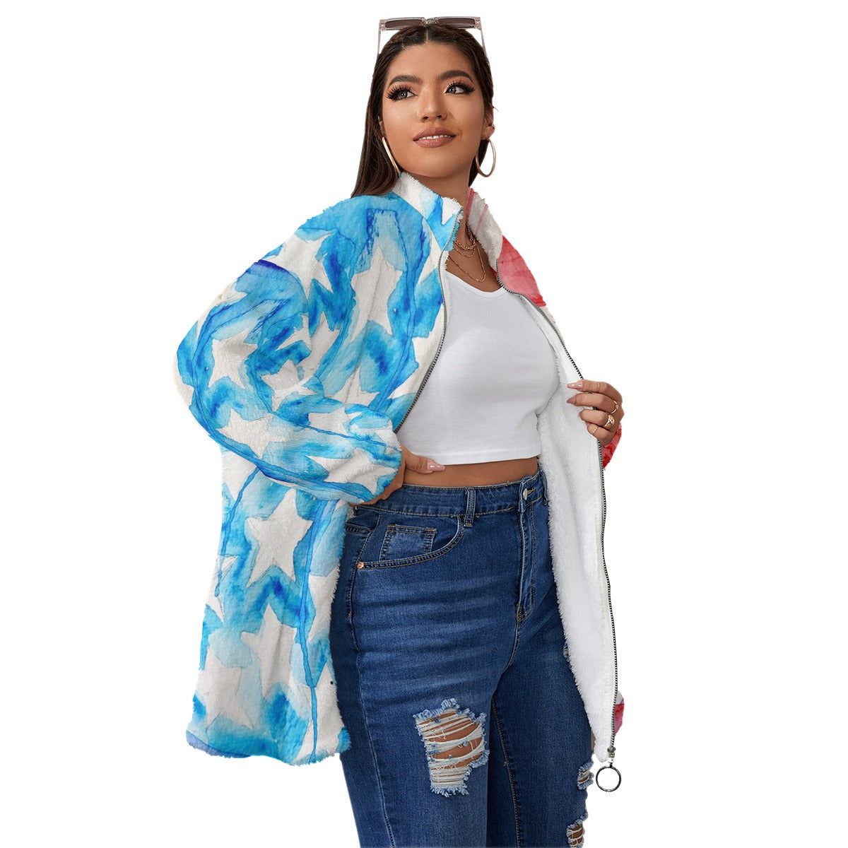 Old Glory All-Over Print Unisex Borg Fleece Stand-up Collar Coat With Zipper Closure(Plus Size)