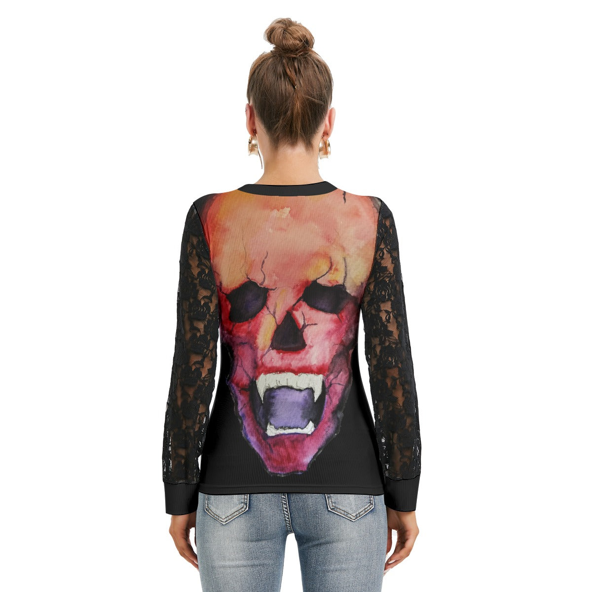 Blood Skull All-Over Print Women's T-shirt And Sleeve With Black Lace