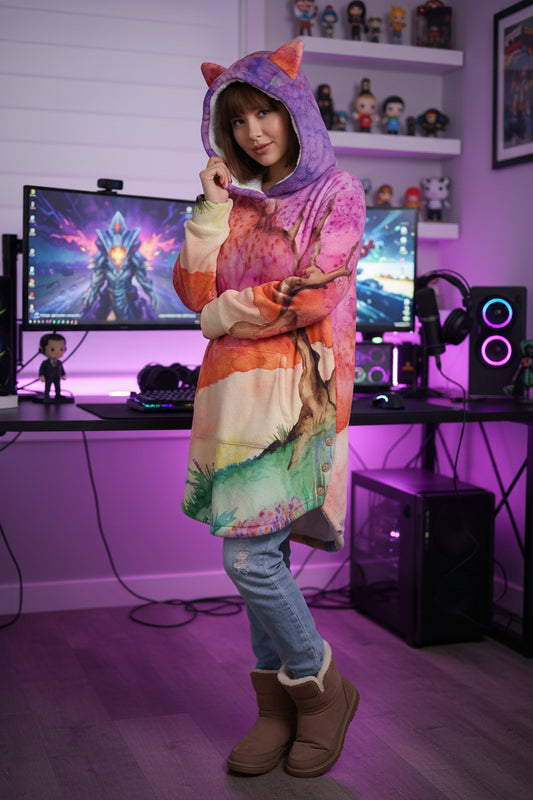 A New Dawn All-Over Print Women's Flannel Hoodie with Cat Ears