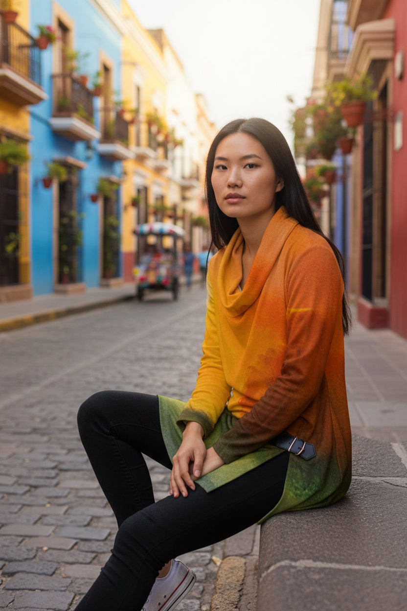 Autumn's Heart All-Over Print Women's Draped Long Sleeve Top