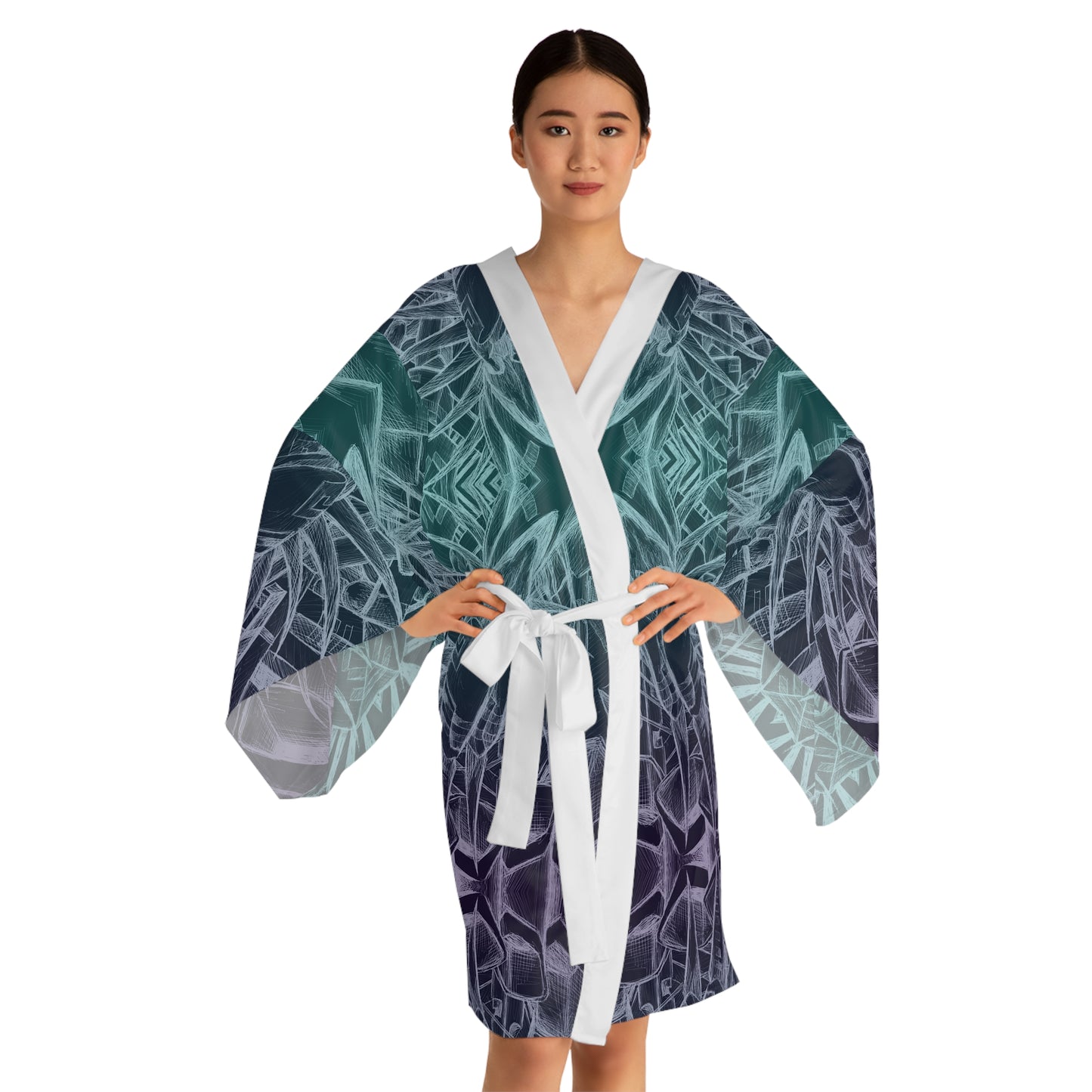 Inverted Sketch Midnight Blue Long Sleeve Kimono Robe (AOP)