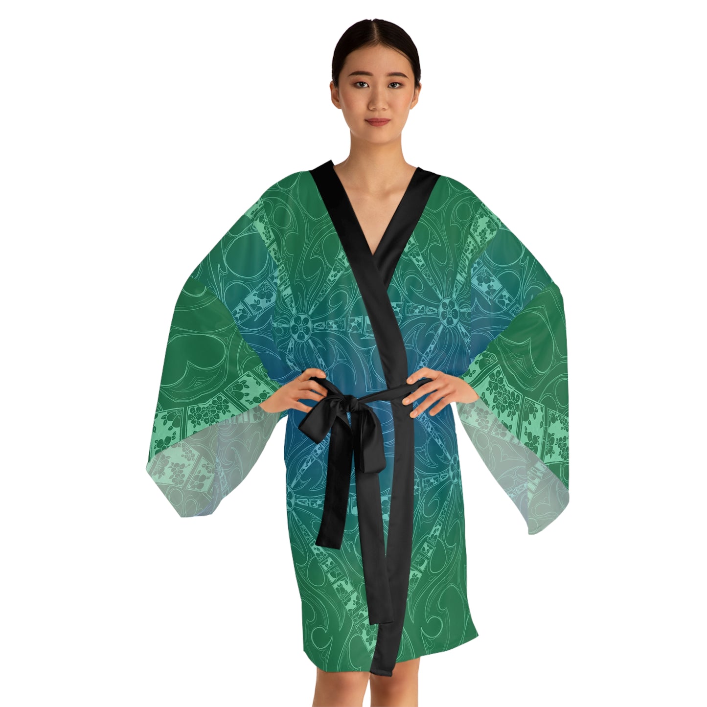 Flower Sketch Aquamarine Long Sleeve Kimono Robe (AOP)