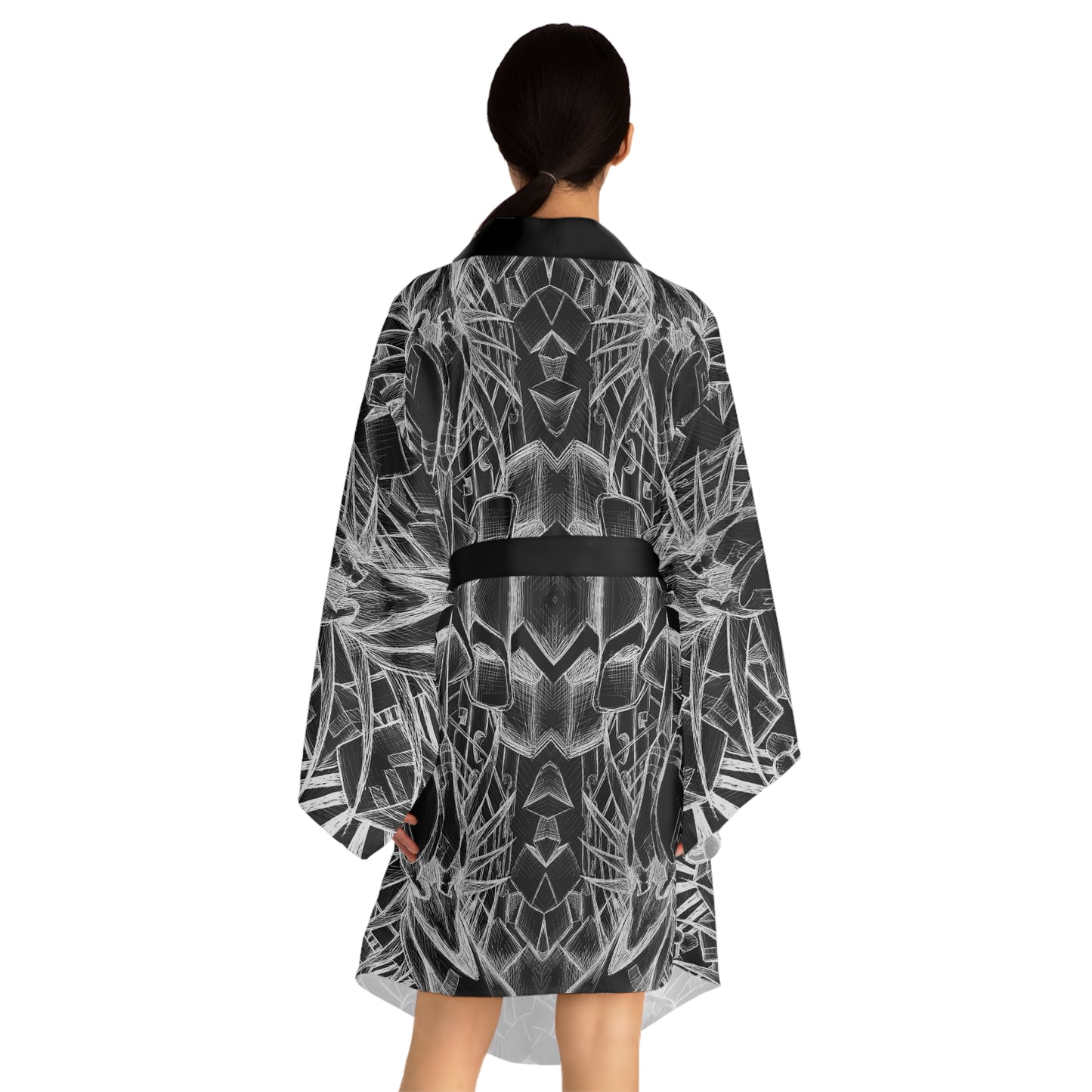 Inverted Sketch Monochrome Long Sleeve Kimono Robe (AOP)