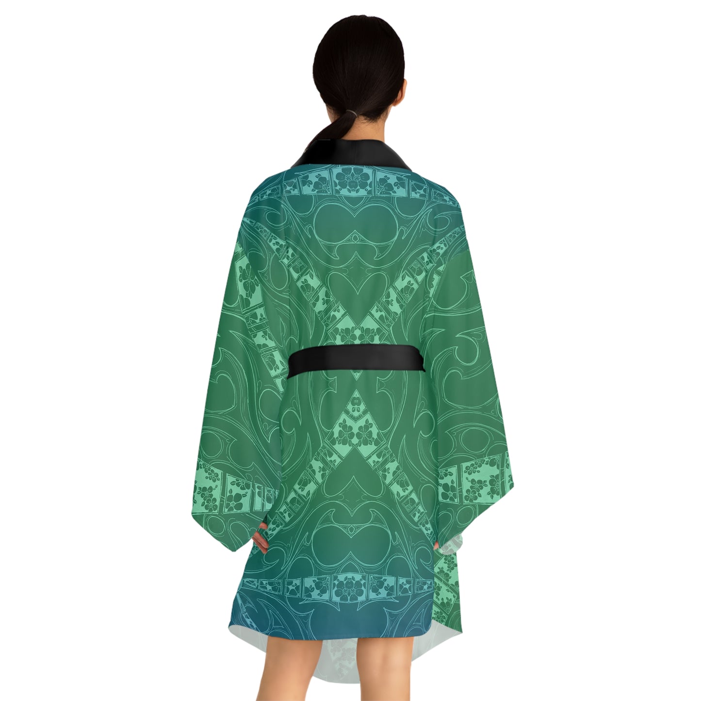 Flower Sketch Aquamarine Long Sleeve Kimono Robe (AOP)