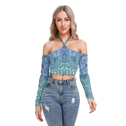 Sketch Sky Blue All-Over Print Women's Halter Lace-up Top