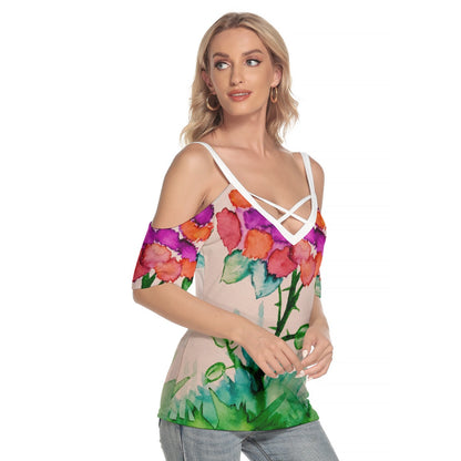 Morning Bloom All-Over Print Women's Cold Shoulder T-shirt With Criss Cross Strips