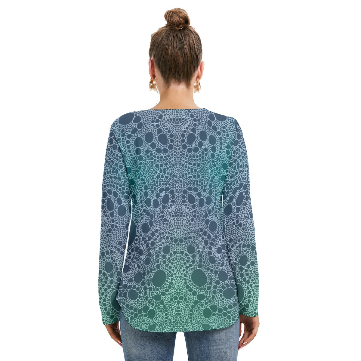 Lost In Circles Ocean Blue All-Over Print Women's Long Sleeve Neckline Tie Sweatshirt