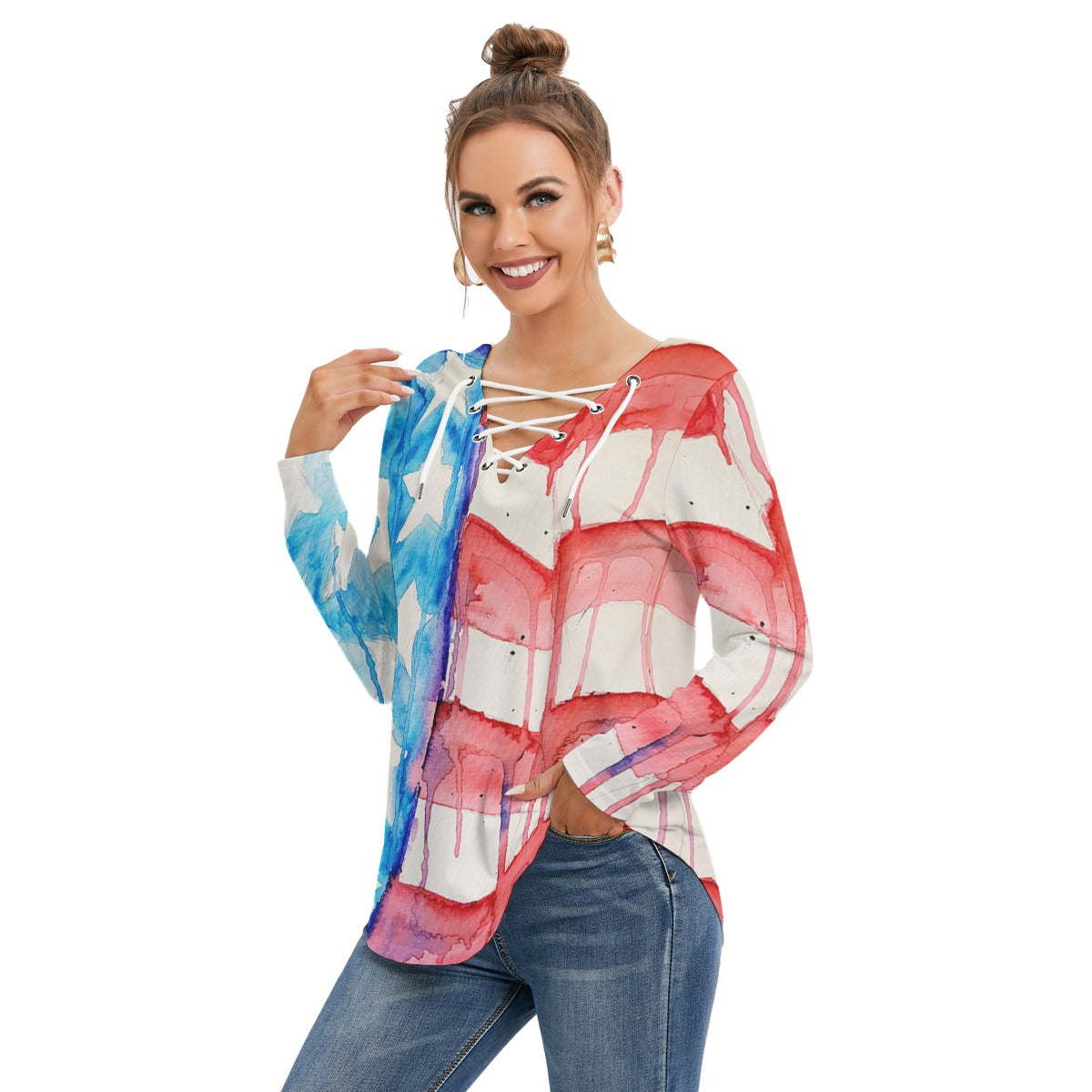 Old Glory All-Over Print Women's Long Sleeve Neckline Tie Sweatshirt