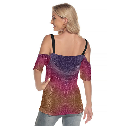 Signs of life Sunset All-Over Print Women's Cold Shoulder T-shirt With Criss Cross Strips