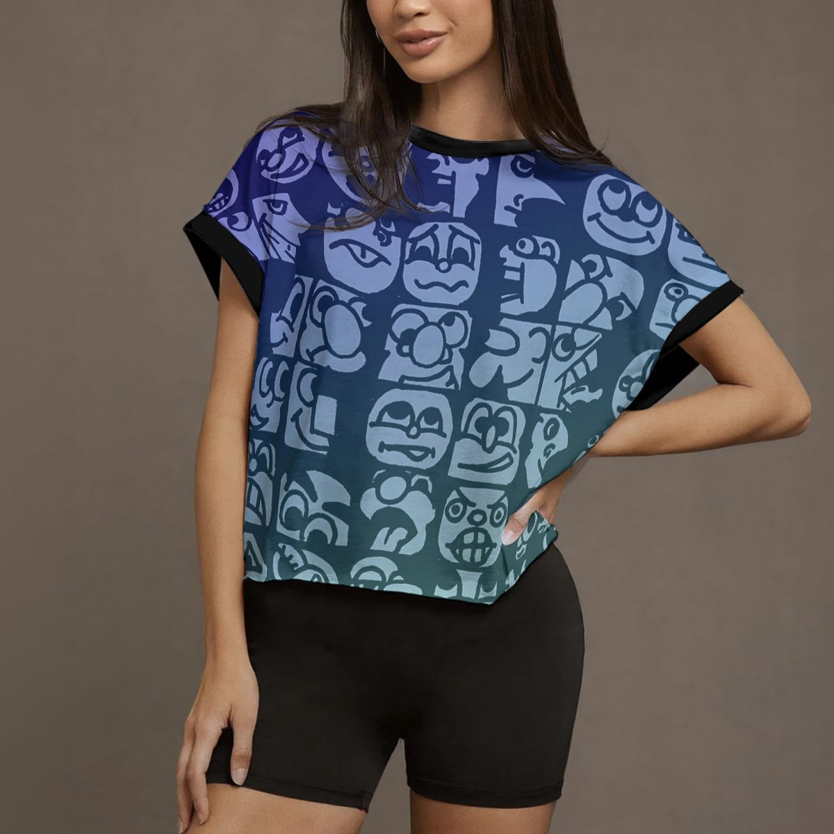 Blueberry Faces All-Over Print Women's Open-Back Crossover Workout Tee