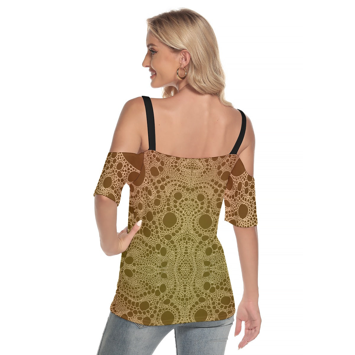 Lost in Circles Sunset All-Over Print Women's Cold Shoulder T-shirt With Criss Cross Strips