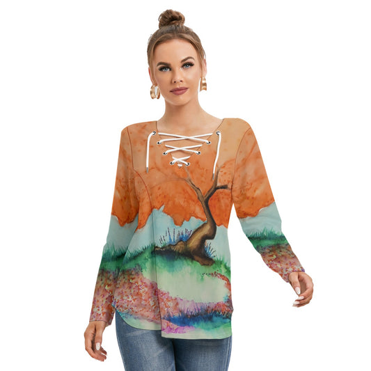 Fairy Circle All-Over Print Women's Long Sleeve Neckline Tie Sweatshirt