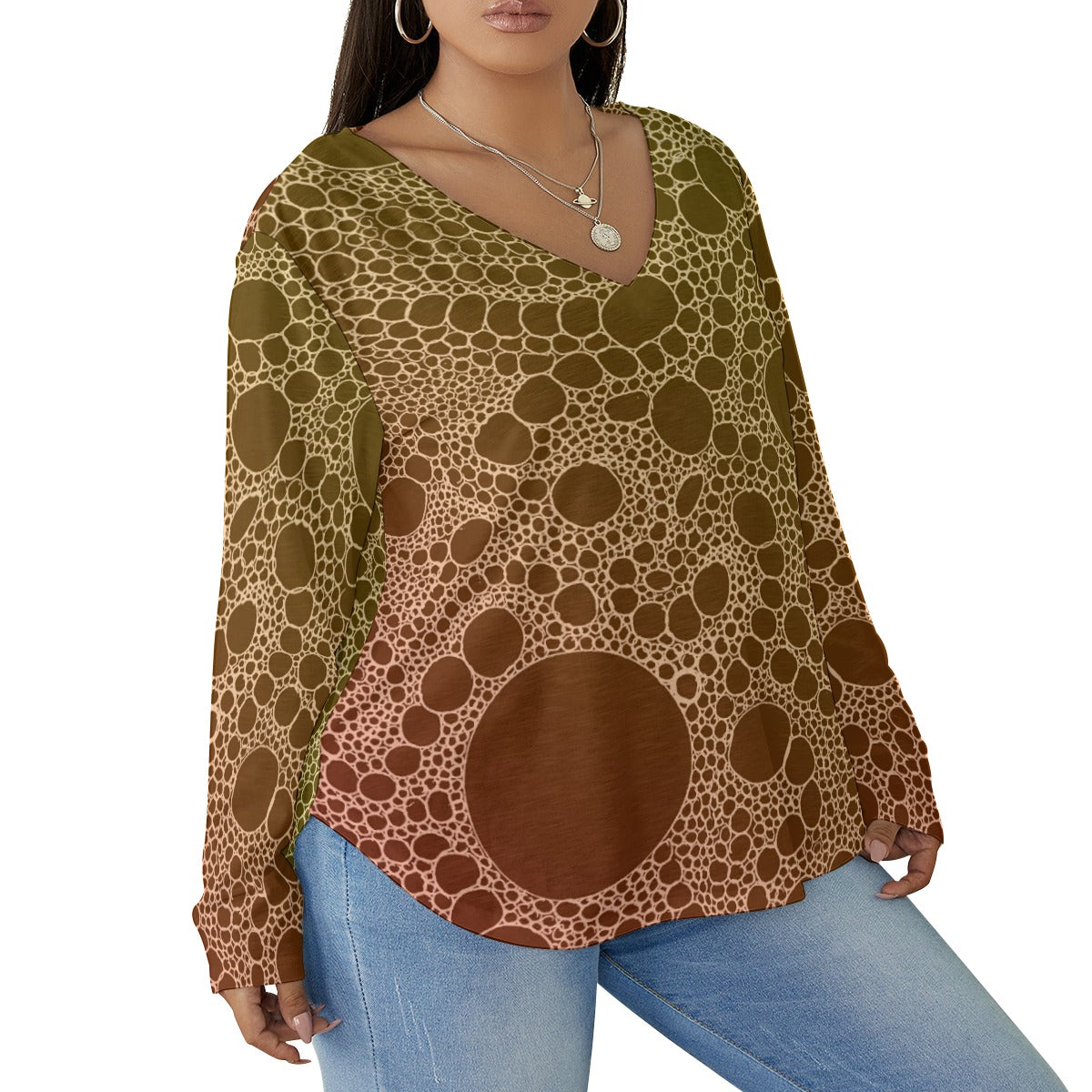 Lost in Circles Sunset All-Over Print Women's V-neck T-shirt With Curved Hem(Plus Size)