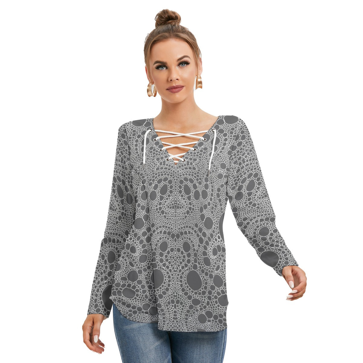 Lost In Circles Slate All-Over Print Women's Long Sleeve Neckline Tie Sweatshirt