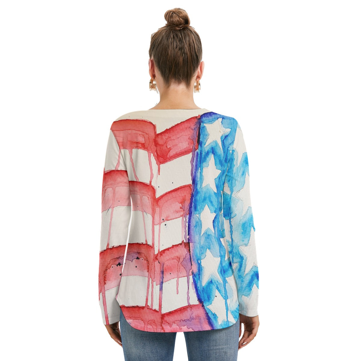 Old Glory All-Over Print Women's Long Sleeve Neckline Tie Sweatshirt