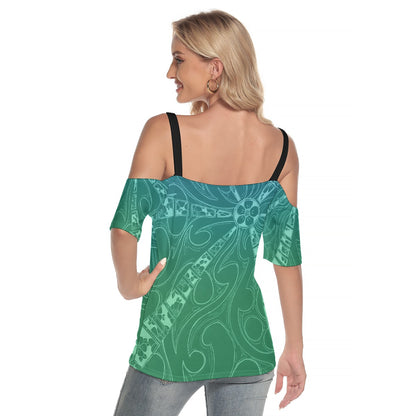 Flowers All-Over Print Women's Cold Shoulder T-shirt With Criss Cross Strips