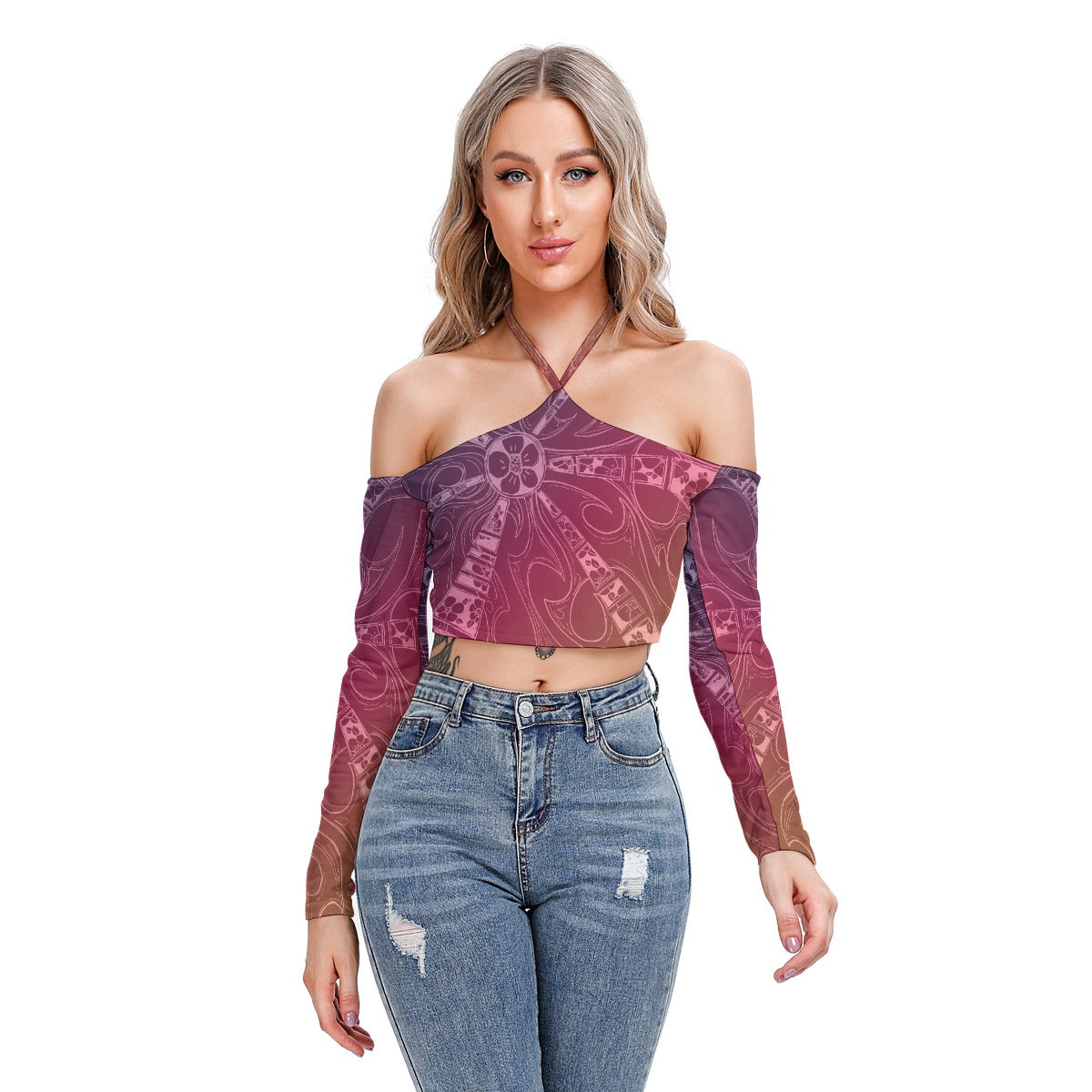 Flowers Sunset All-Over Print Women's Halter Lace-up Top