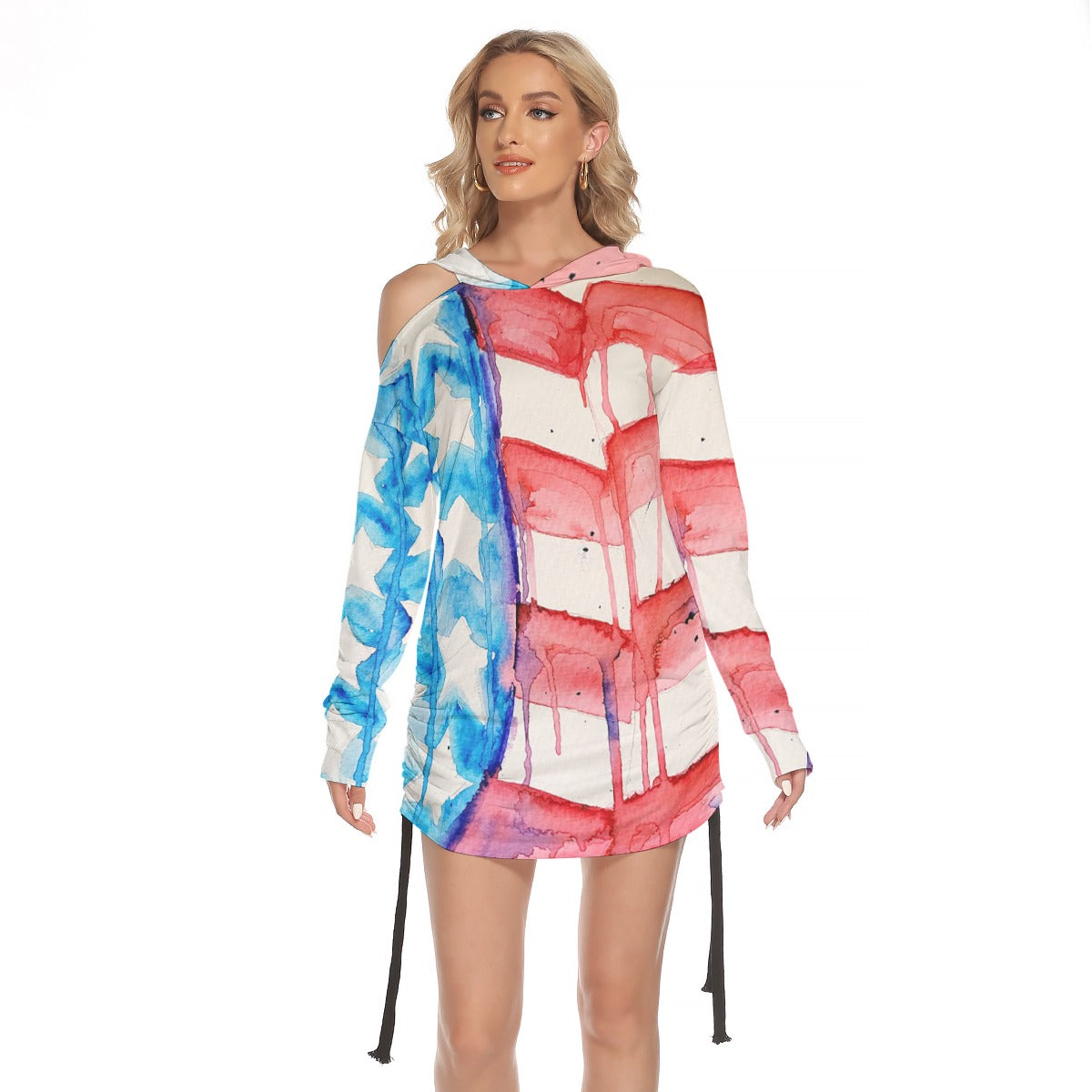 Old Glory All-Over Print Women's One-shoulder Dress With Waist Shirring