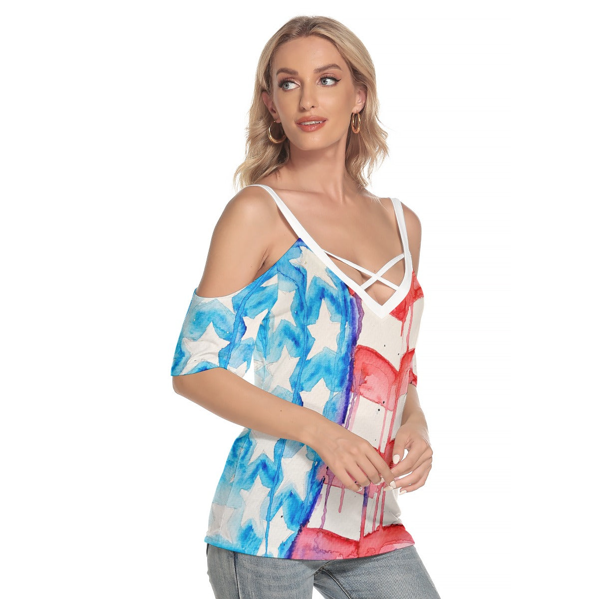 Old Glory All-Over Print Women's Cold Shoulder T-shirt With Criss Cross Strips