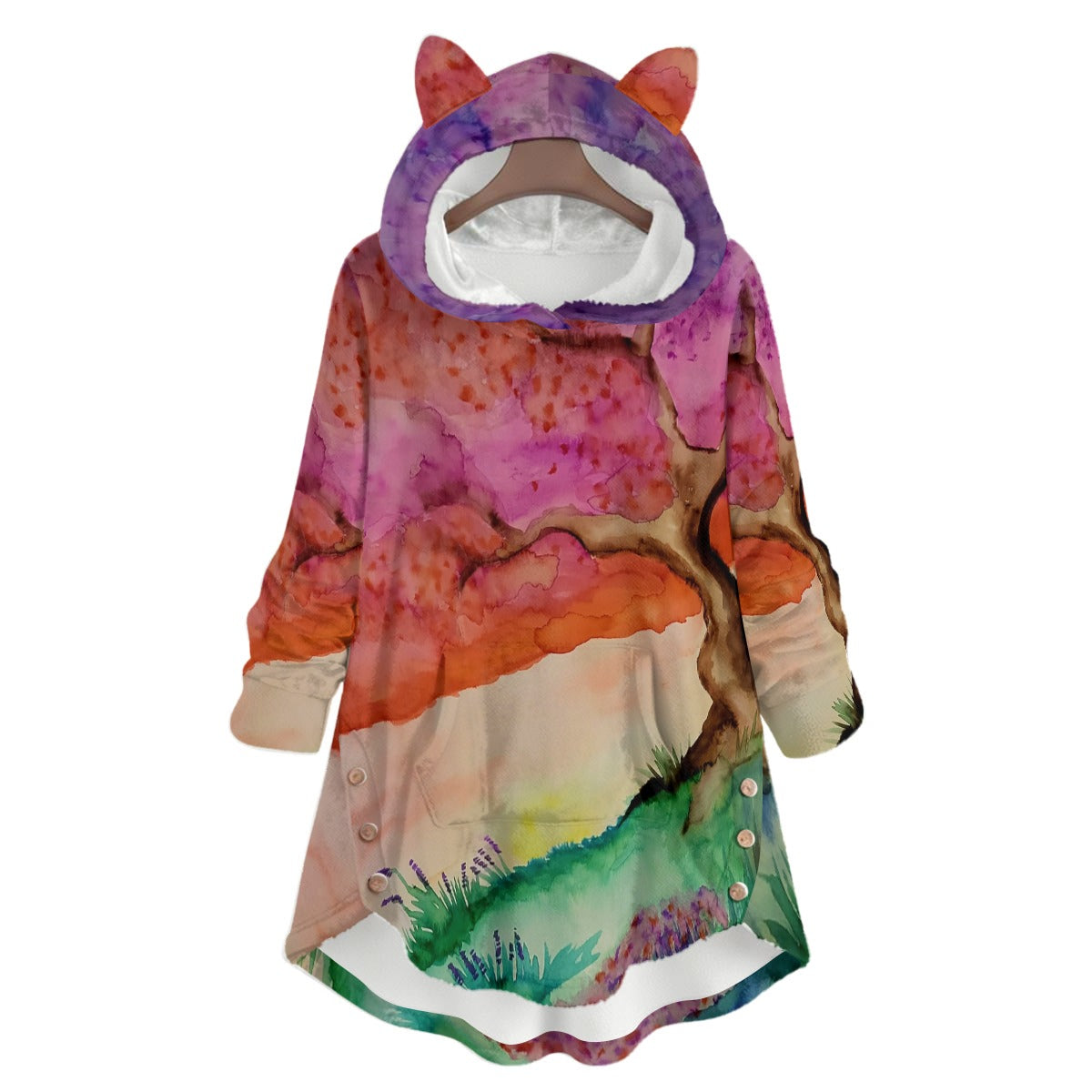 A New Dawn All-Over Print Women's Flannel Hoodie with Cat Ears
