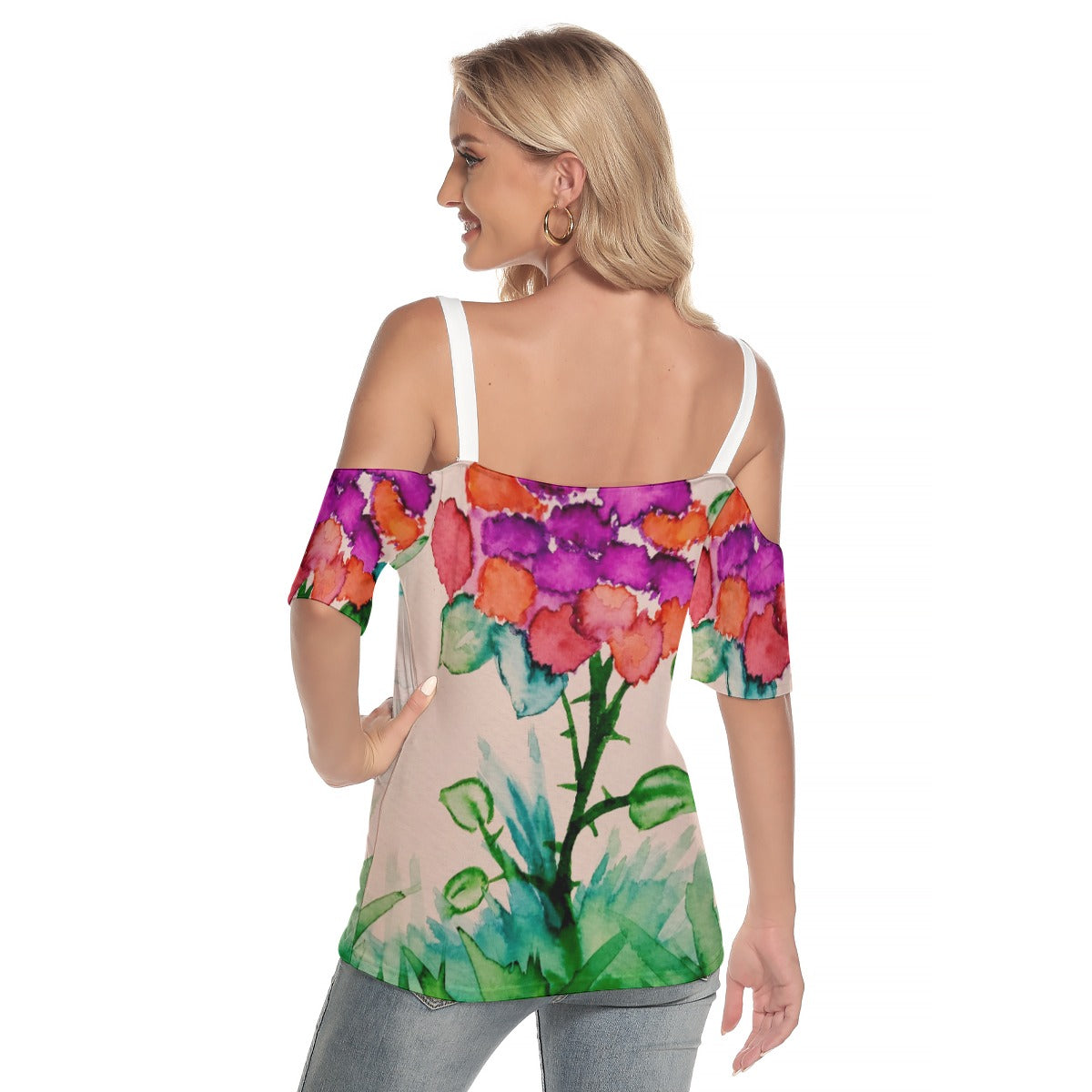 Morning Bloom All-Over Print Women's Cold Shoulder T-shirt With Criss Cross Strips