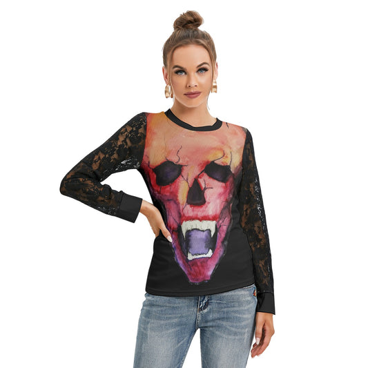 Blood Skull All-Over Print Women's T-shirt And Sleeve With Black Lace