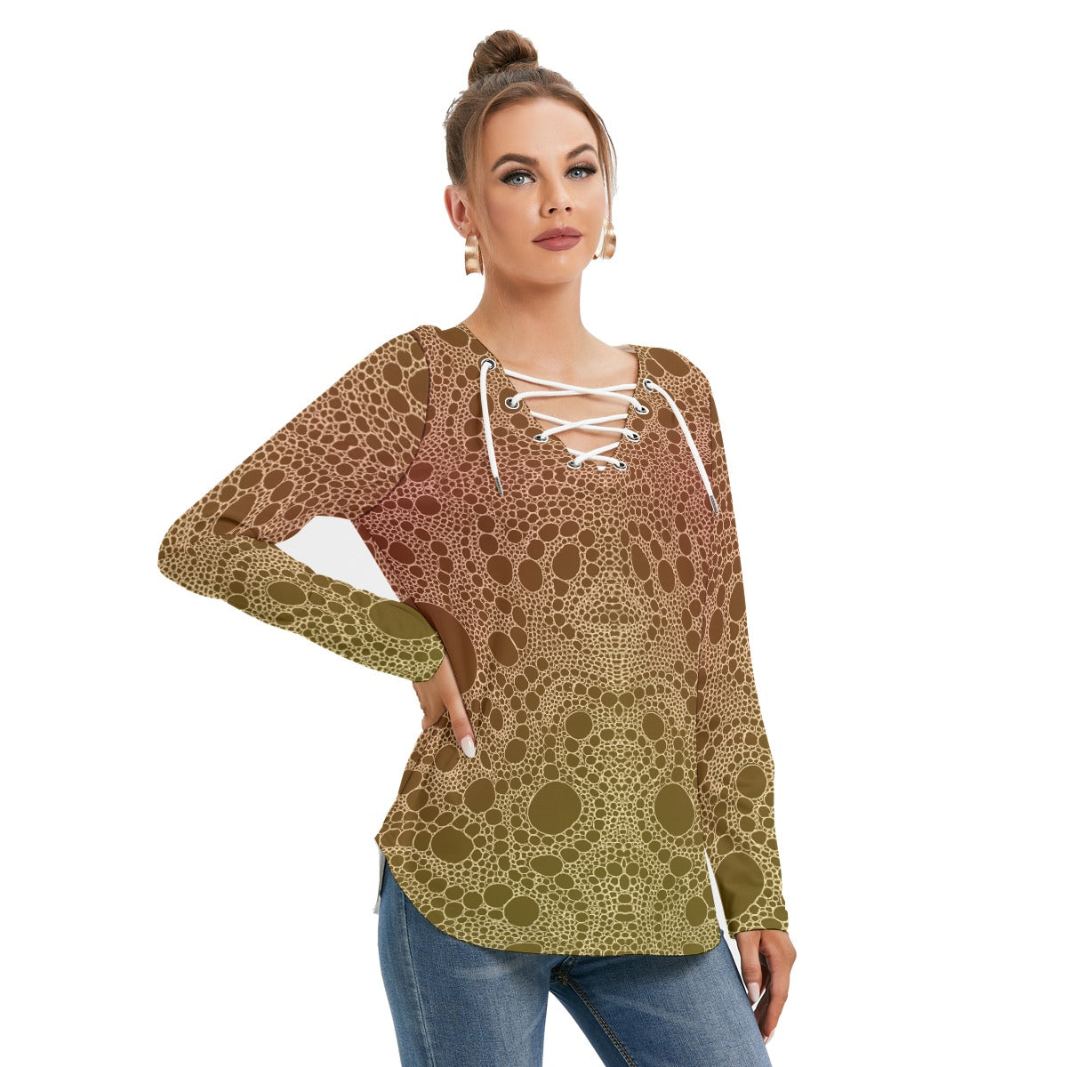 Lost In Circles Sunrise All-Over Print Women's Long Sleeve Neckline Tie Sweatshirt