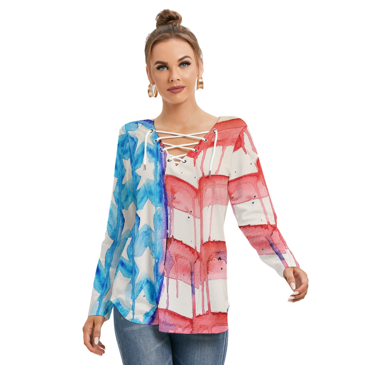 Old Glory All-Over Print Women's Long Sleeve Neckline Tie Sweatshirt