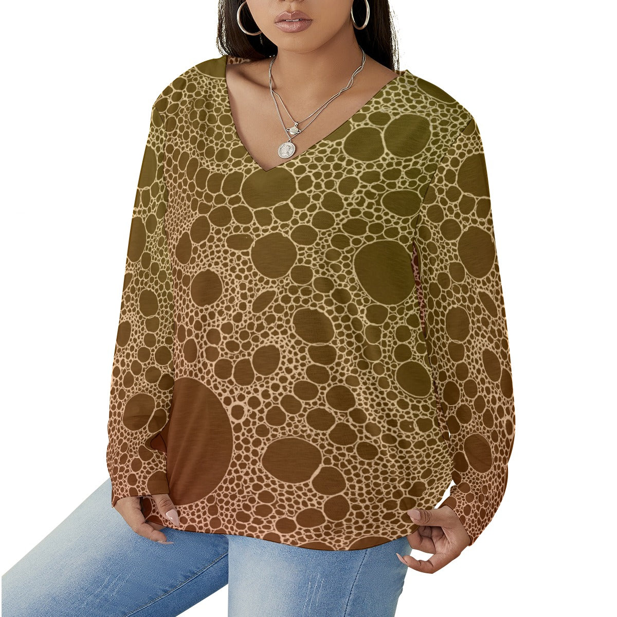 Lost in Circles Sunset All-Over Print Women's V-neck T-shirt With Curved Hem(Plus Size)