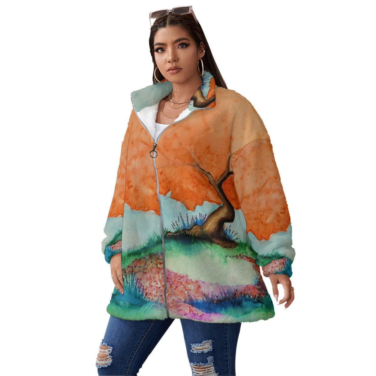 Fairy Circle All-Over Print Unisex Borg Fleece Stand-up Collar Coat With Zipper Closure(Plus Size)