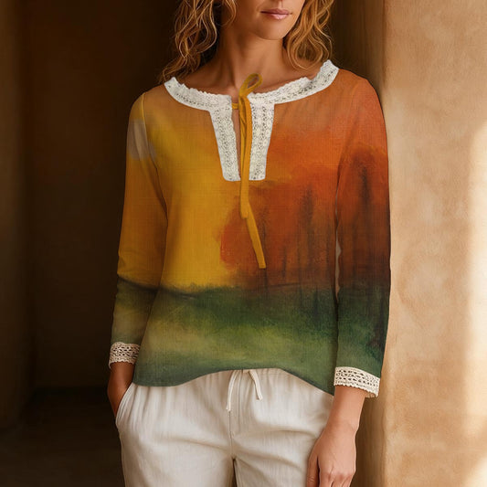 Fall Sunrise Women's Long-Sleeve Casual Top With Tie Collar