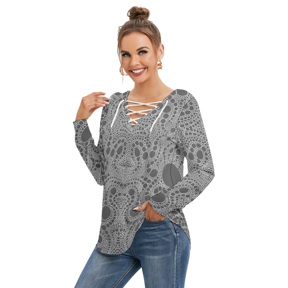 Lost In Circles Slate All-Over Print Women's Long Sleeve Neckline Tie Sweatshirt