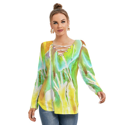 Heart Strings All-Over Print Women's Long Sleeve Neckline Tie Sweatshirt