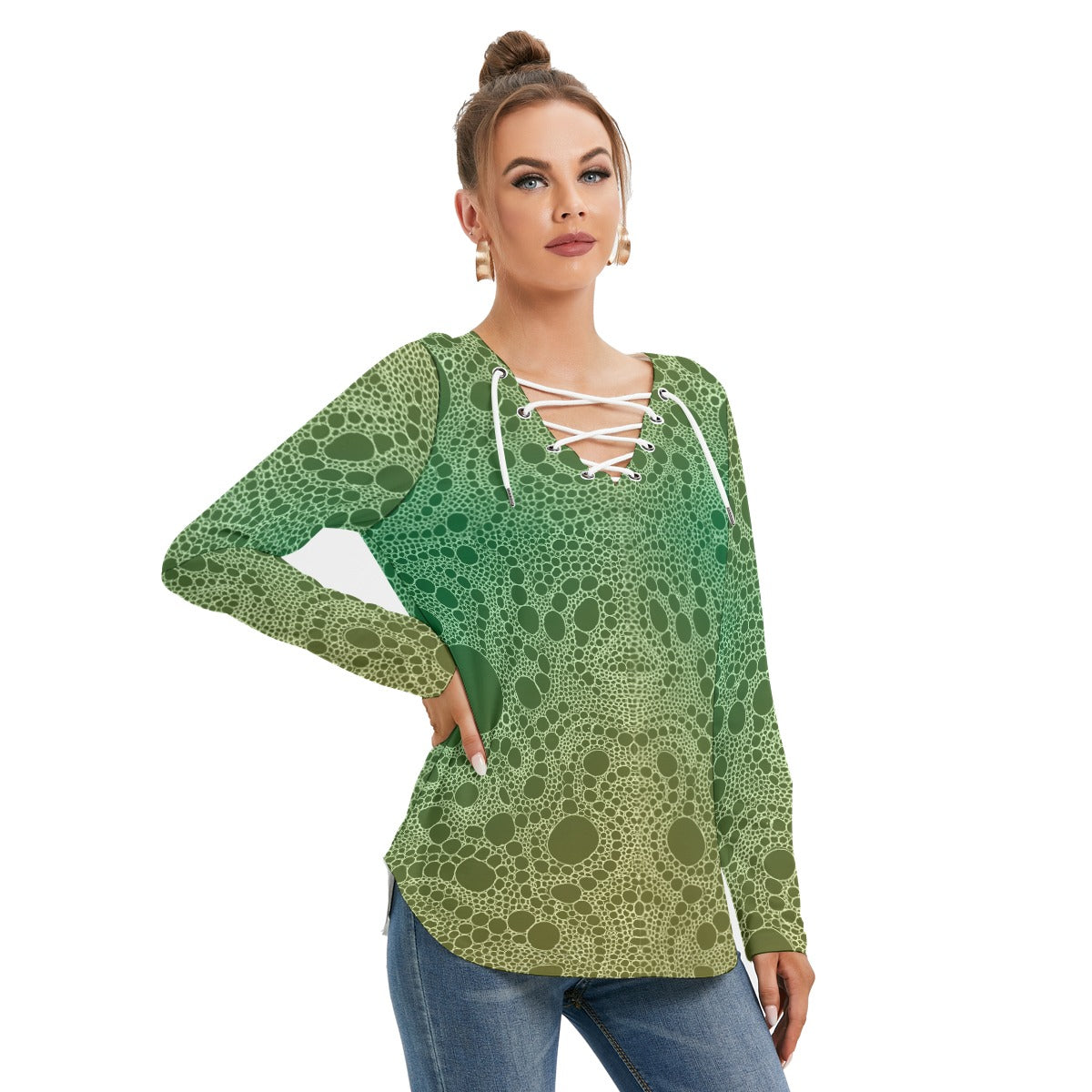 Lost In Circles Lime Green All-Over Print Women's Long Sleeve Neckline Tie Sweatshirt