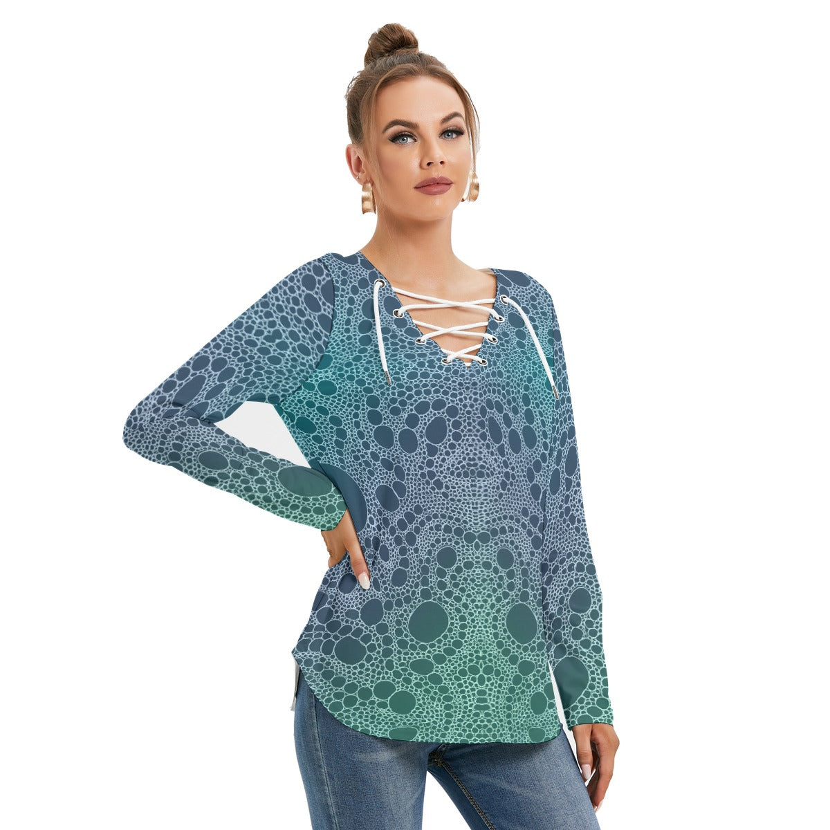 Lost In Circles Ocean Blue All-Over Print Women's Long Sleeve Neckline Tie Sweatshirt