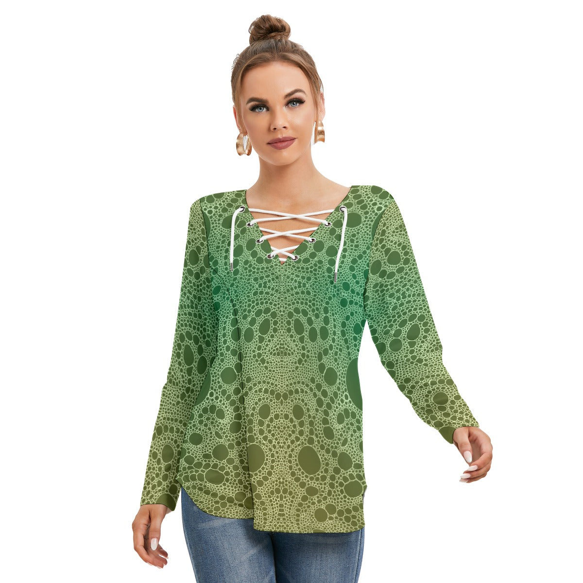 Lost In Circles Lime Green All-Over Print Women's Long Sleeve Neckline Tie Sweatshirt