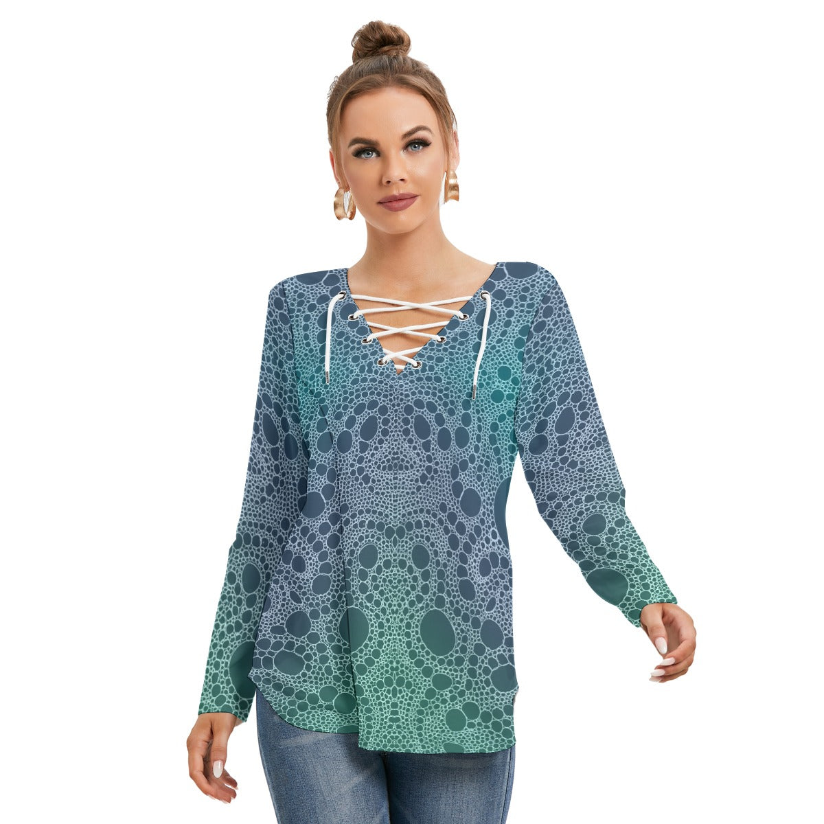 Lost In Circles Ocean Blue All-Over Print Women's Long Sleeve Neckline Tie Sweatshirt