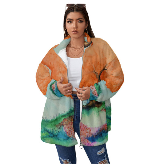 Fairy Circle All-Over Print Unisex Borg Fleece Stand-up Collar Coat With Zipper Closure(Plus Size)